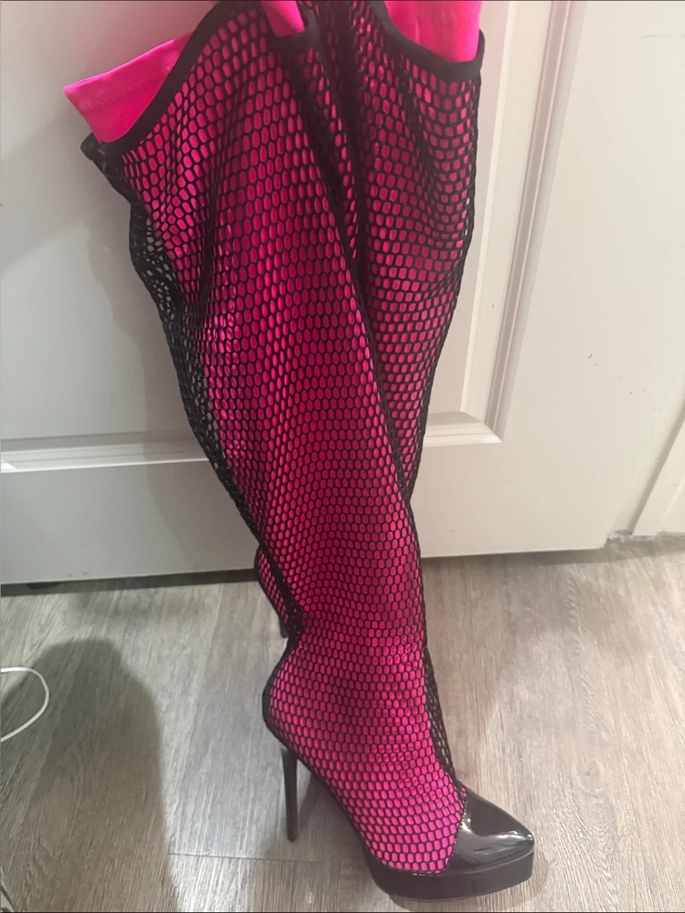 NWOT Hot Pink Mesh Over-the-Knee Platform Stiletto Boots - Size 10